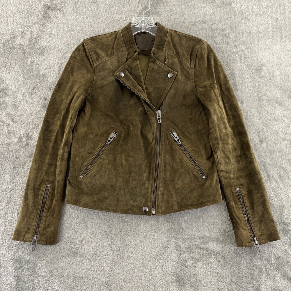 Blank‎ NYC Suede Moto Jacket Womens XS Olive Green 73K-9114NO Full Zip Biker